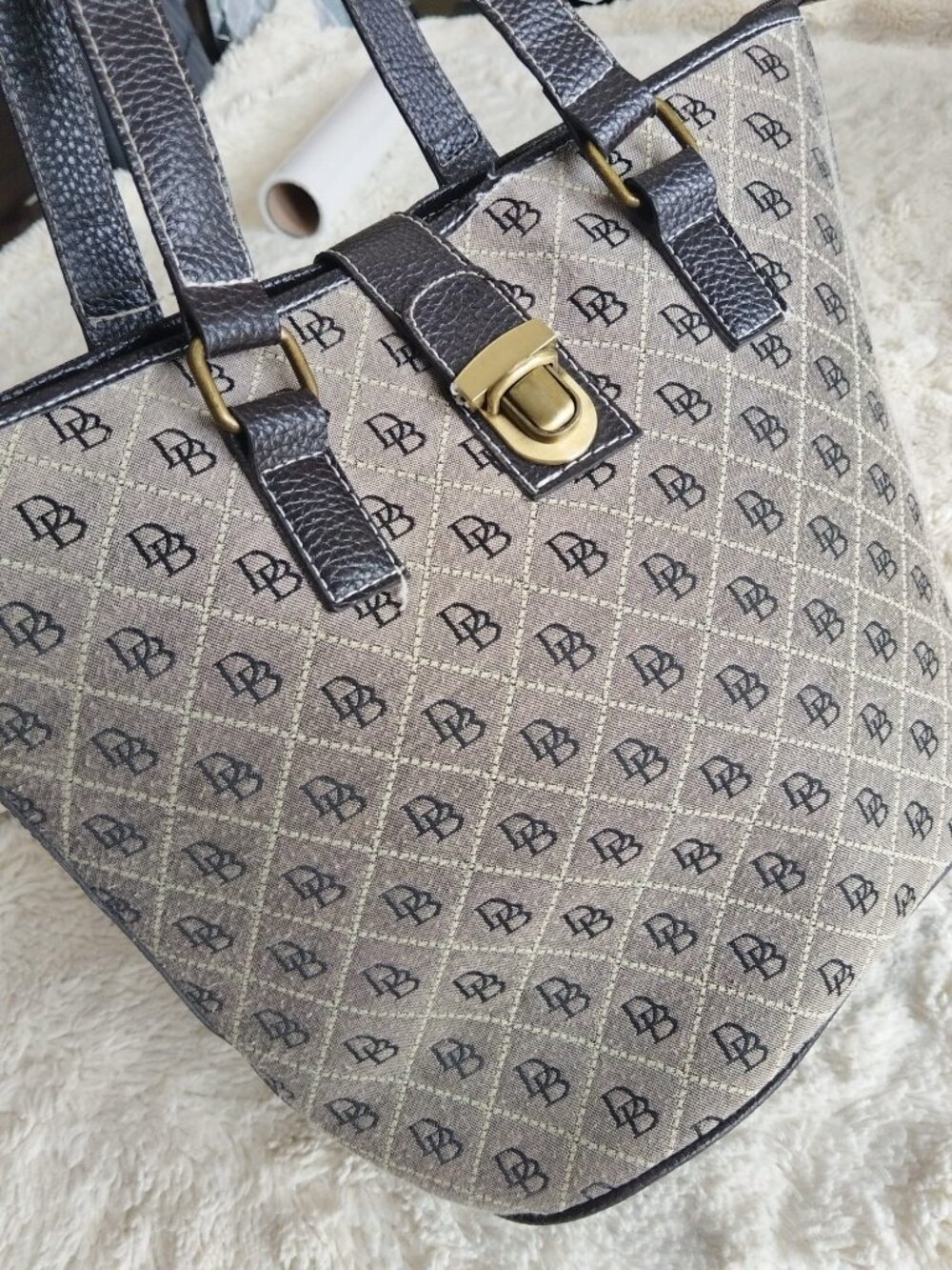 DiRenzo DB Logo Jacquard Canvas Shoulder Bag Purse Brown Trim Brass Lock